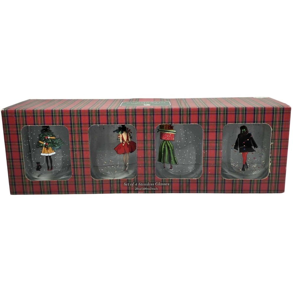 Winterberry‎ Lane Stemless Wine Glasses Christmas Ladies Dresses 20 oz Set of 4